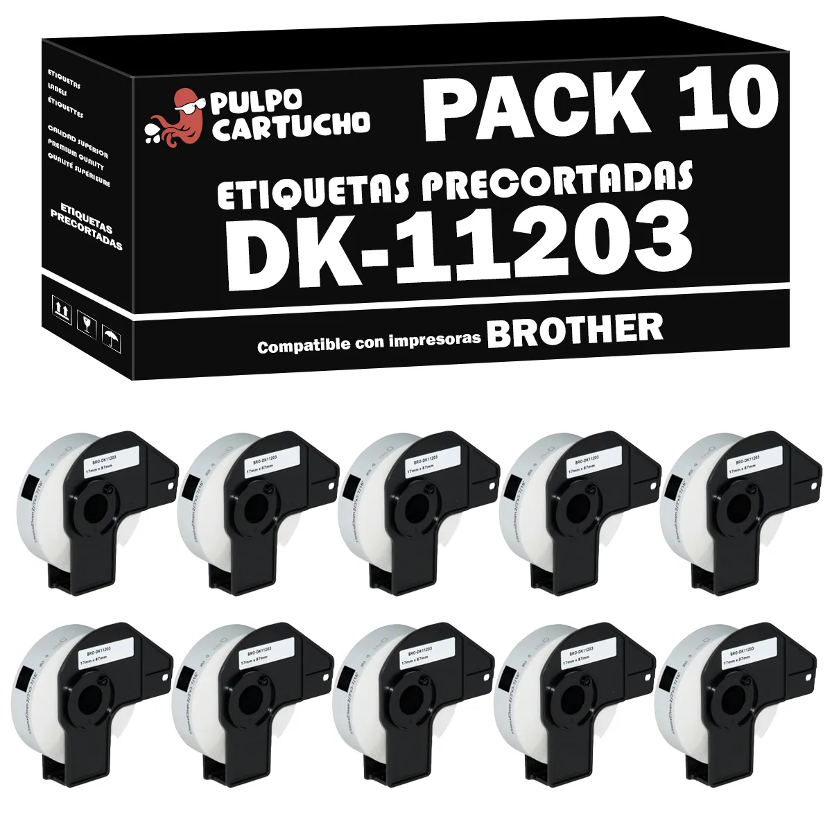 Pack 10 packs de etiquetas compatibles Brother DK-11203 Etiquetas Precortadas blanco