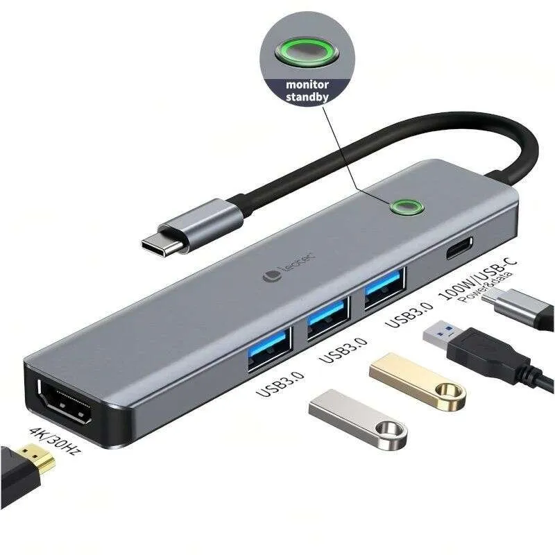 Leotec Adaptador 5 en 1 USB-C a 1xHDMI, 3xUSB-A 3.0, 1xPD 100W+USB-C Color Gris