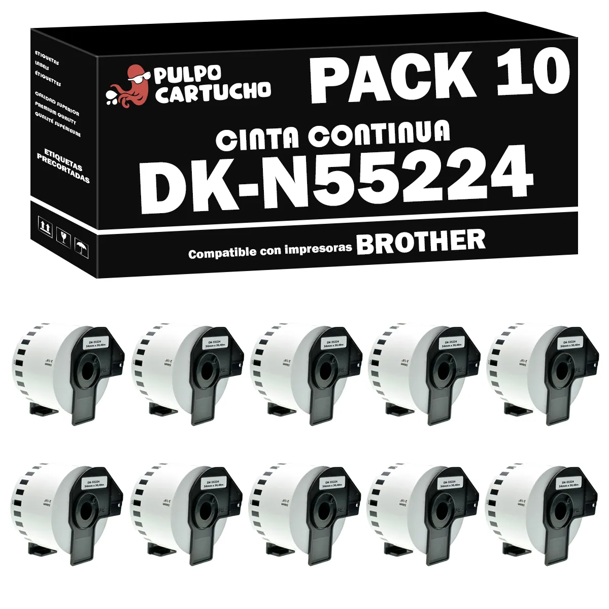 Pack 10 packs de etiquetas compatibles Brother DK-N55224 Etiquetas No Adhesivas negro / blanco