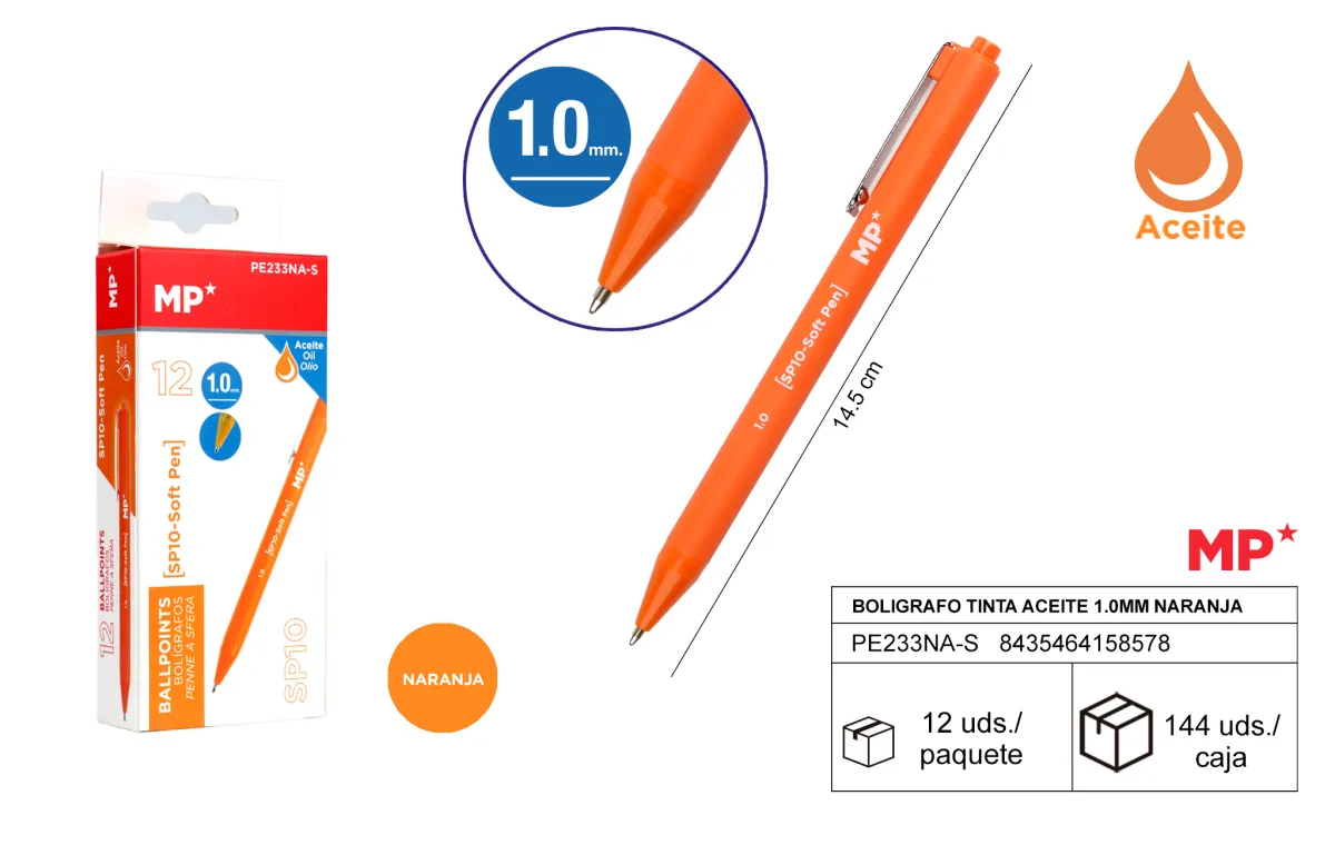 Boligrafo tinta aceite 1.0mm naranja MP