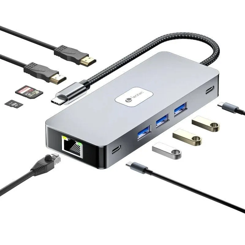 Adaptador Leotec 10 en 1 USB-C a 2xHDMI, 3xUSB-A 3.0, 1xUSB-C PD, 1xUSB-C, 1xRJ45, 1xTF/SD+1xMicroSD Color