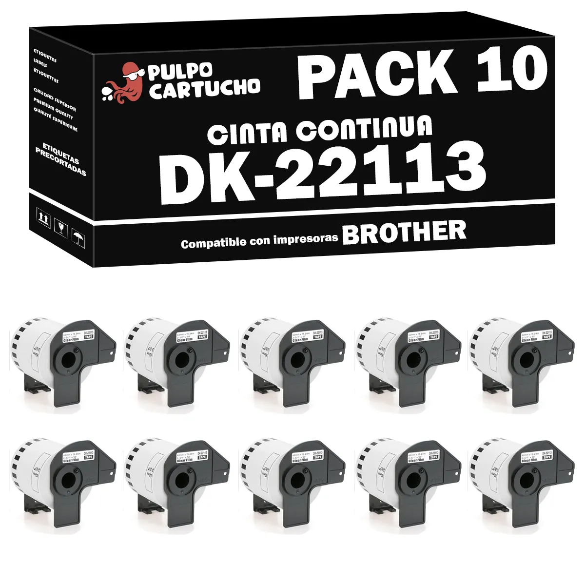 Pack 10 Rollos de Cinta Continua DK-22113 Compatible con Brother DK22113 - Cinta Continua Genérica - Color: Blanco - 62 mm x 15.24 m