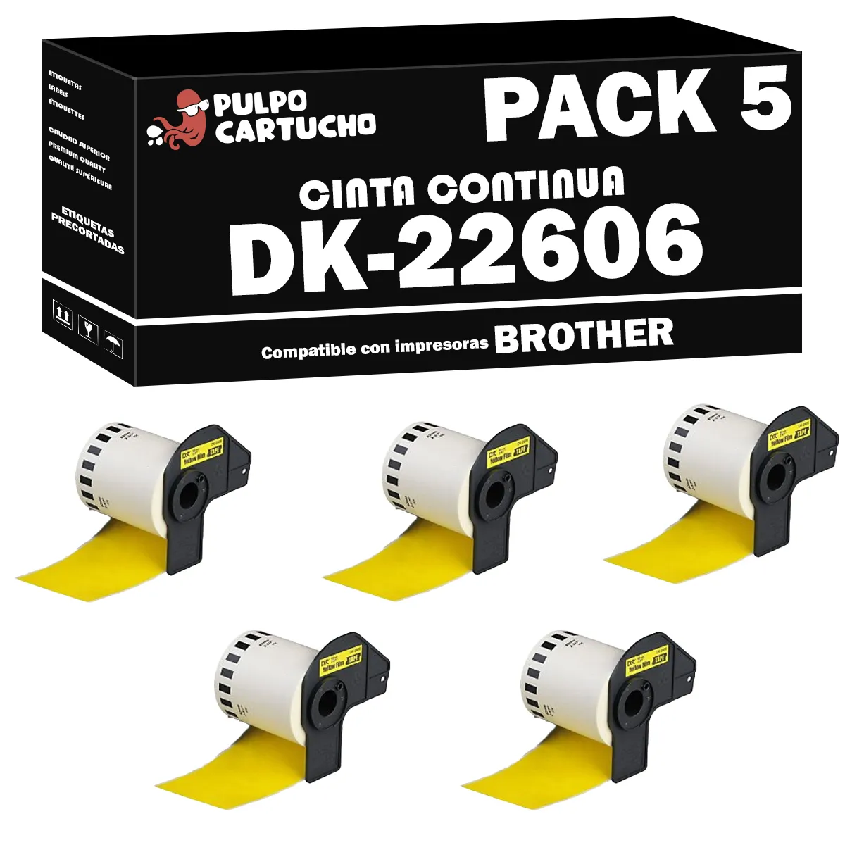 Pack 5 cintas compatibles Brother DK-22606 Cinta Continua amarillo