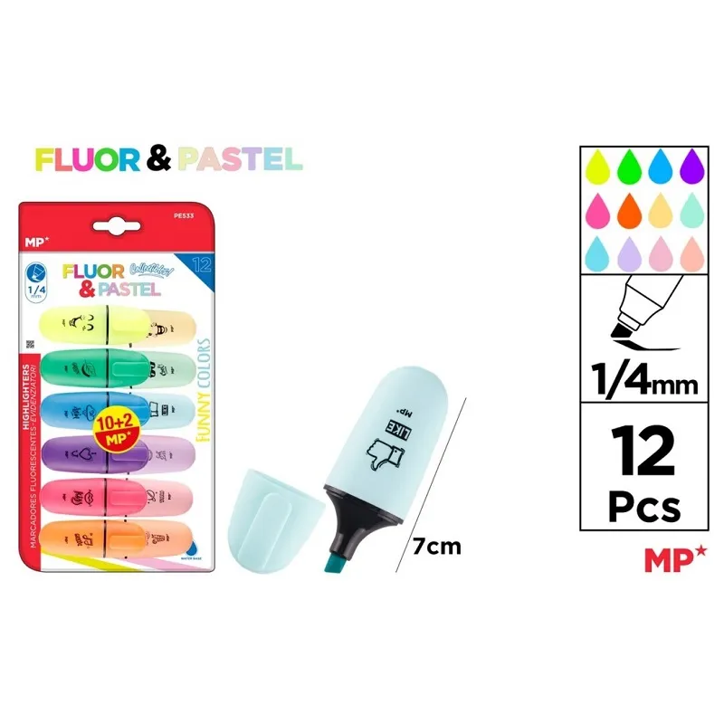 Mini Marcador Fluorescente y Pastel 12 Uds. Pack Ahorro