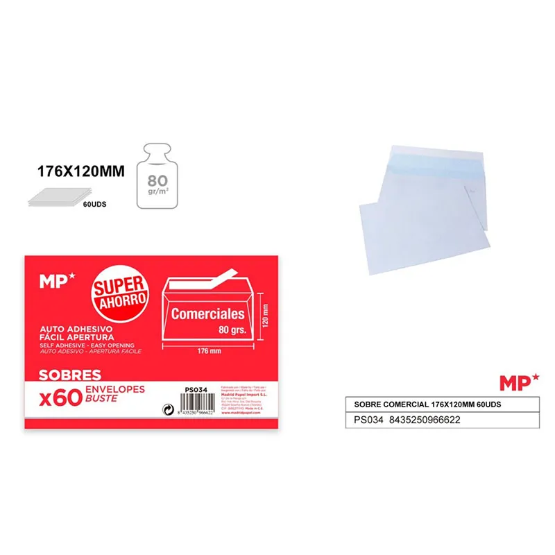 Pack de 60 unidades de Sobre Comercial 176x120mm