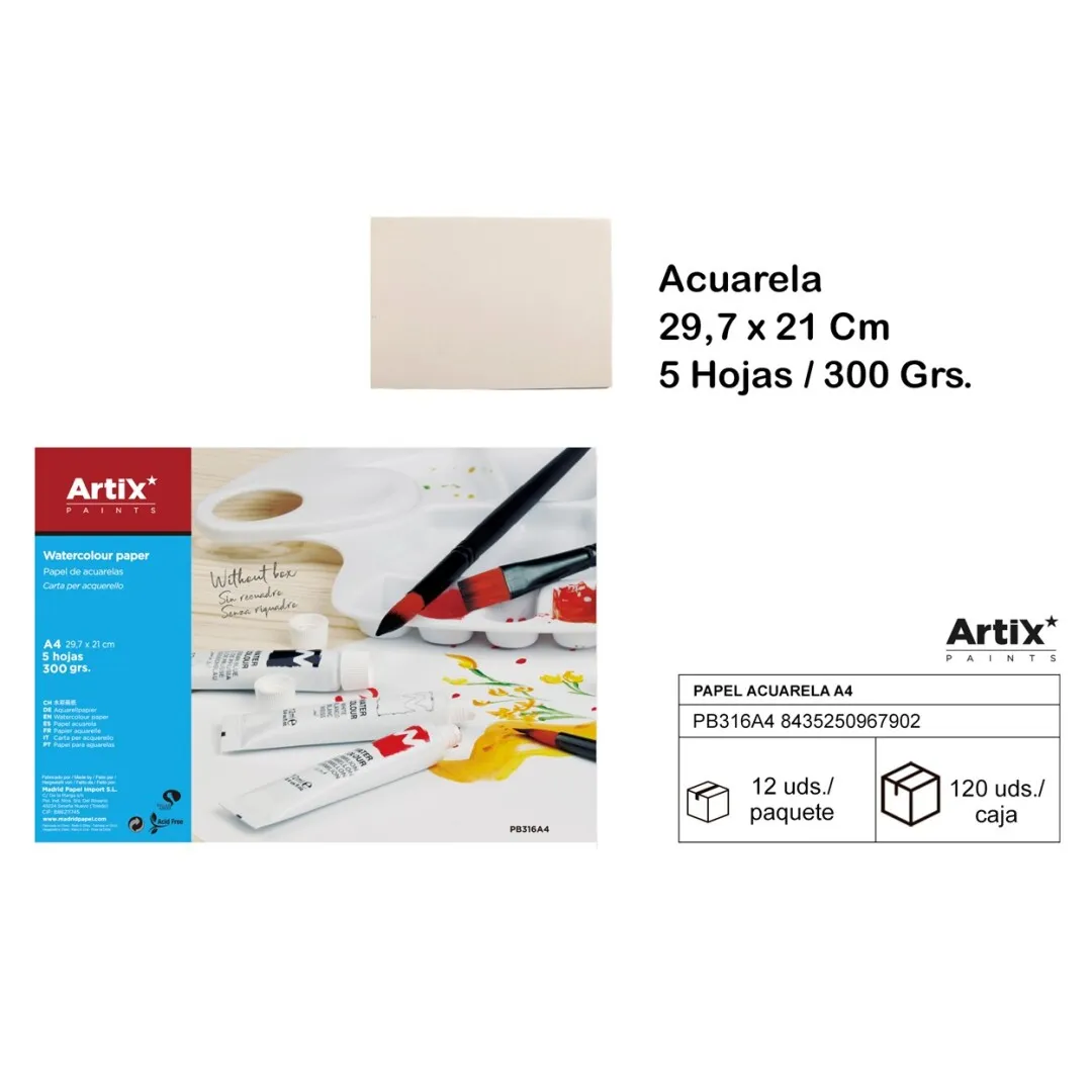 Papel de acuarela A4 sin recuadro 5 hojas