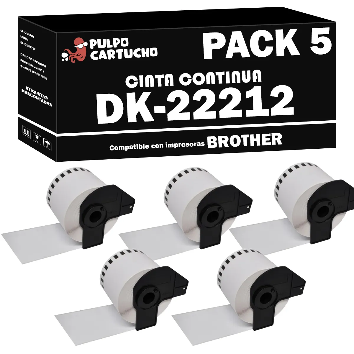 Pack 5 cintas compatibles Brother DK-22212 Cinta Continua blanco