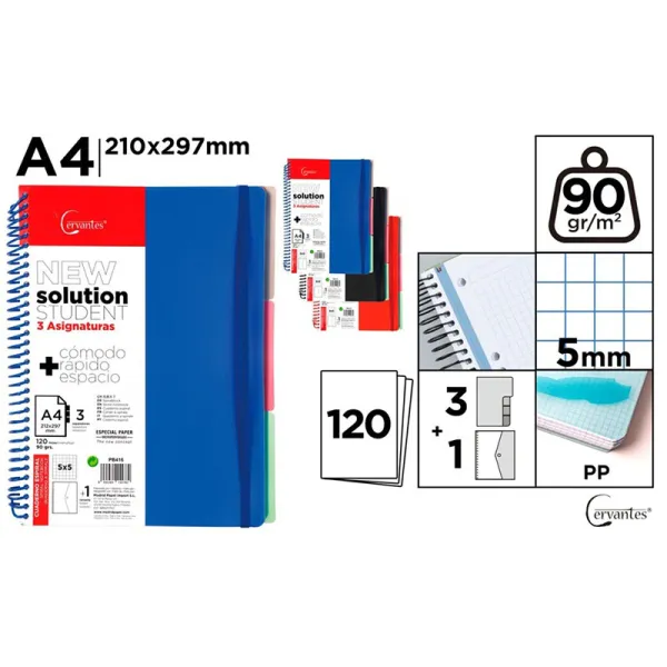 Producto Cuaderno Cervantes Espiral A4 con 3 Separadores de Cuadrícula 5x5mm Tapa Dura de 120 Hojas 90g Azul/Negro/Rojo Imagen