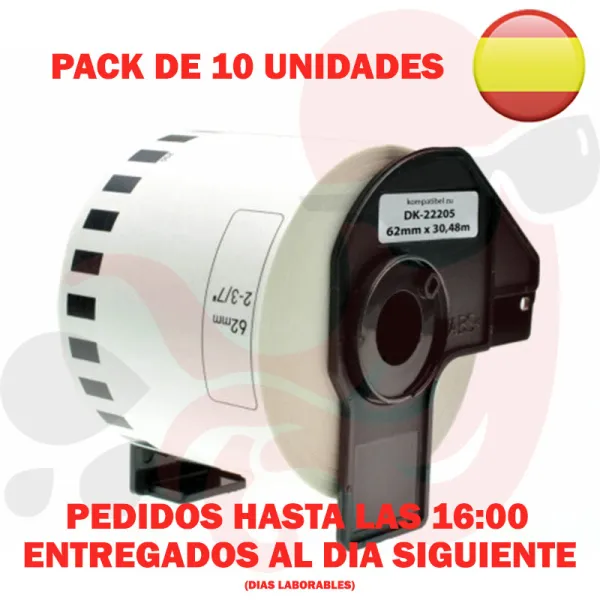 Producto Pack 10 cintas compatibles Brother DK-22205 Cinta Continua blanco Imagen