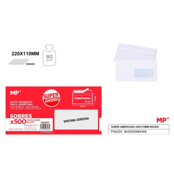 Product Caja de 500 unidades de Sobre Americano con Ventana 220x110mm Image