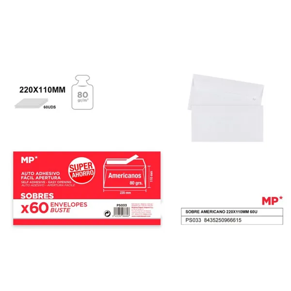 Producto Pack de 60 unidades de Sobre Americano Blanco 220x110mm Imagen