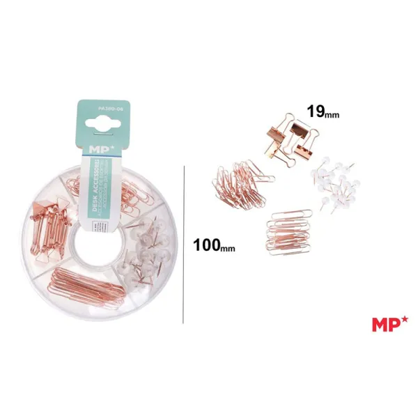 Produto Accesorios de Escritorio Rose Gold - Rosquilla con Pinzas, Clips de 2 tamaños y Chinchetas Imagem