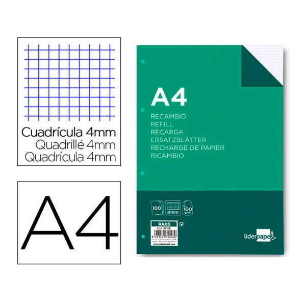 Producto Recambios Folios Cuadriculados 4mm 4 Taladros A4 100 hojas 100g/m2 Imagen