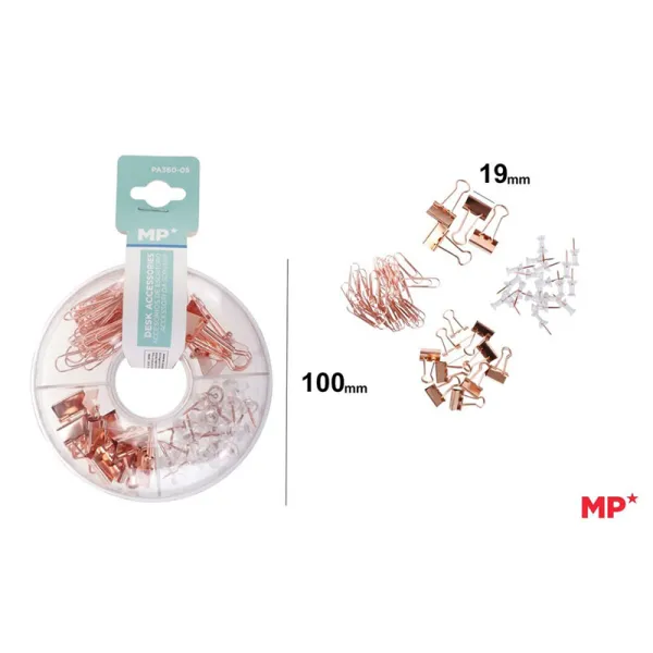 Produto Accesorios de Escritorio Rose Gold - Rosquilla con Pinzas de 2 tamaños, Clips pequeños y Chinchetas Imagem