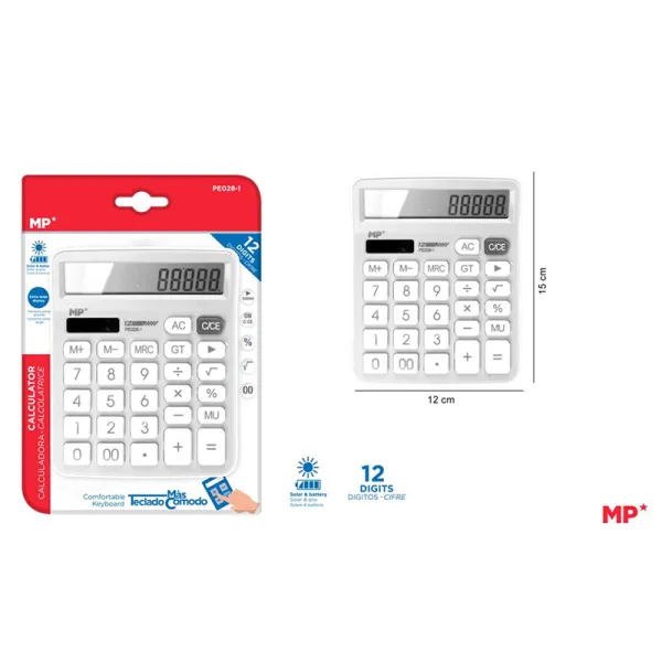Product Calculadora de Sobremesa Solar y Pilas Blanca 12 Dígitos MP Image