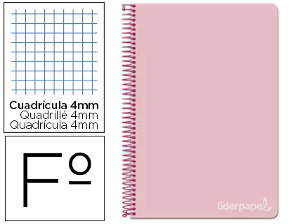 Cuaderno espiral folio tapa dura cuadros 4MM rosa Liderpapel