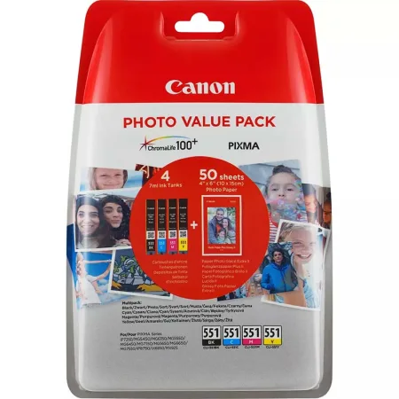 Cartucho de tinta original Canon CLI-551 Pack 4 + 50 Hojas Papel Fotográfico