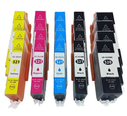 Pack 20 cartuchos de tinta compatibles Canon CLI 521/PGI 520 amarillo, magenta, negro y cian