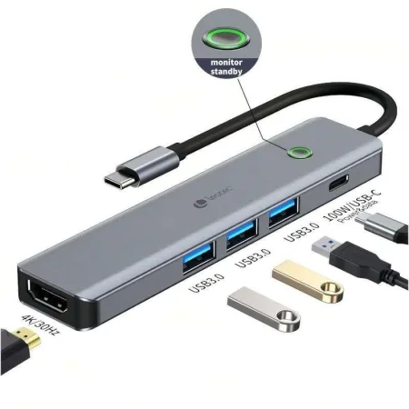 Leotec Adaptador 5 en 1 USB-C a 1xHDMI, 3xUSB-A 3.0, 1xPD 100W+USB-C Color Gris