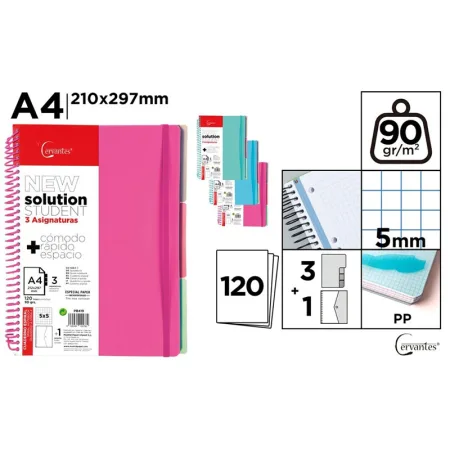 Cuaderno Cervantes Espiral A4 con 3 Separadores de Cuadrícula 5x5mm Tapa Dura de 120 Hojas 90g Rosa/Verde