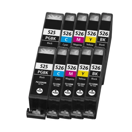 Pack 10 cartuchos de tinta compatibles Canon CLI 526/PGI 525 amarillo, magenta, negro y cian