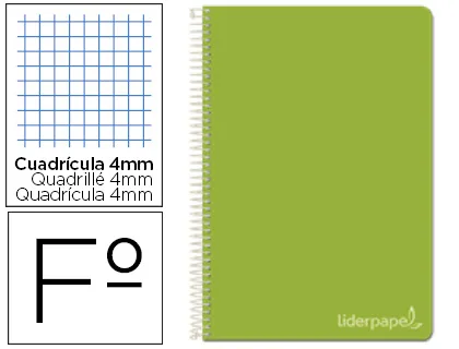 Cuaderno espiral folio tapa dura cuadros 4MM verde Liderpapel