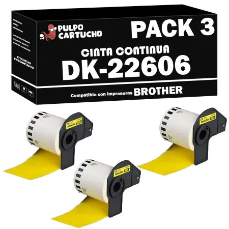 Pack 3 cintas compatibles Brother DK-22606 Cinta Continua amarillo