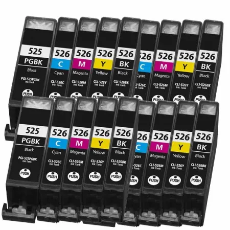 Pack 20 cartuchos de tinta compatibles Canon CLI 526/PGI 525 amarillo, magenta, negro y cian