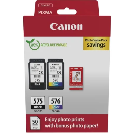 Cartucho de tinta original Canon PG-575/CL-576 Pack + 50 Hojas Papel Fotografico negro