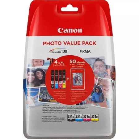Cartucho de tinta original Canon CLI-551XL Pack 4 + 50 Hojas Papel Fotográfico