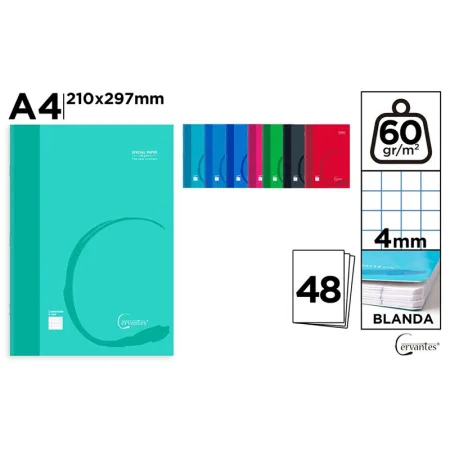Cuaderno Cervantes Grapado A4 de Cuadrícula 4x4mm Tapa Blanda de 48 Hojas 60g