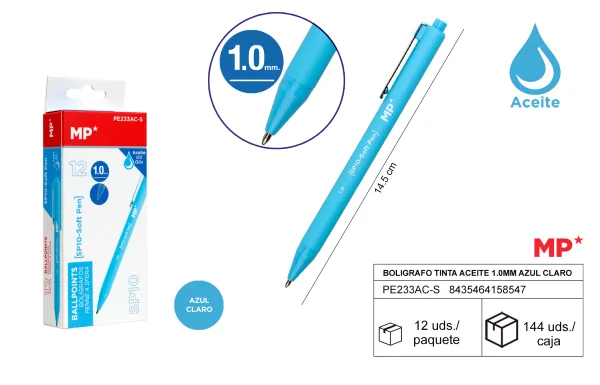 Boligrafo tinta aceite 1.0mm azul claro MP