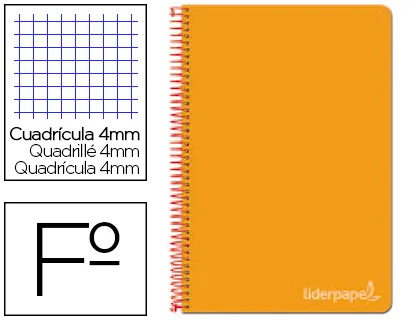 CUADERNO ESPIRAL FOLIO TAPA DURA CUADROS 4MM NARANJA LIDERPAPEL