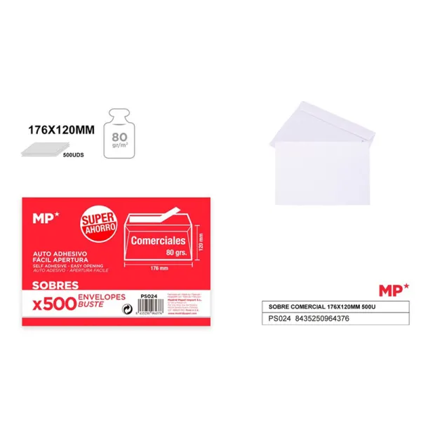 Producto Caja de 500 unidades de Sobre Comercial 176x120mm Imagen