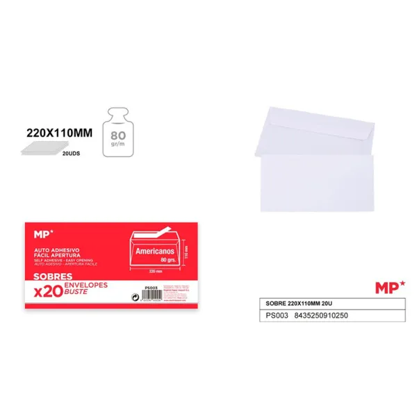 Producto Sobres Blancos 220X110mm (DL, Americano) - 20 Unidades Imagen