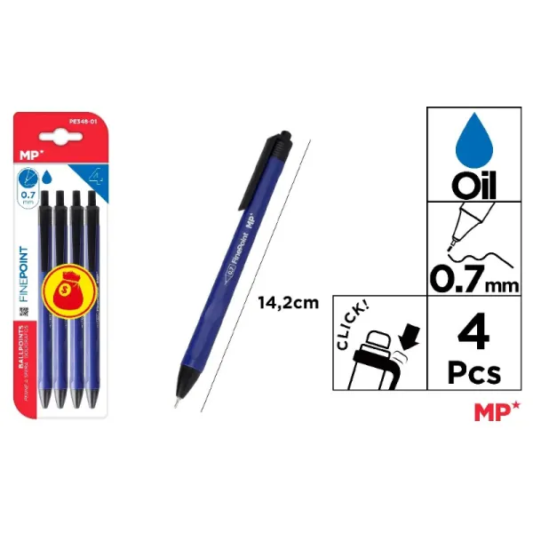 Product Pack de 4 Bolígrafos de Tinta de Aceite 0,7 mm Azul MP Image