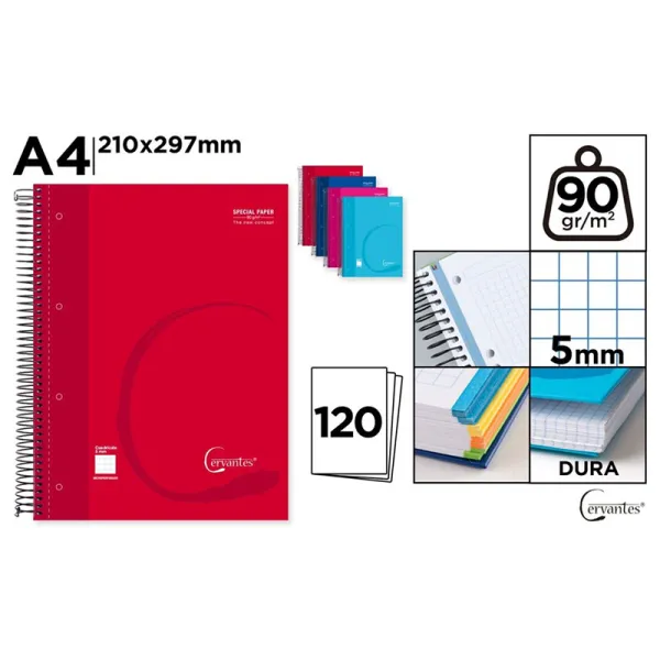 Product Cuaderno Cervantes Espiral A4 de Cuadrícula 5x5mm Tapa ExtraDura de 120 Hojas 90g Image