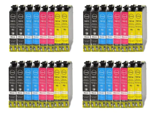 Producto Pack 32 cartuchos de tinta compatibles Epson T1811/T1812/T1813/T1814 negro, cian, magenta y amarillo Imagen