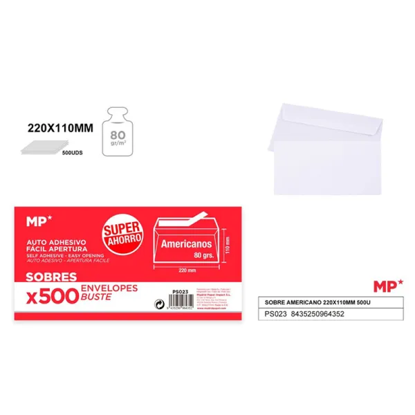 Produto Caja de 500 unidades de Sobre Americano 220x110mm Imagem