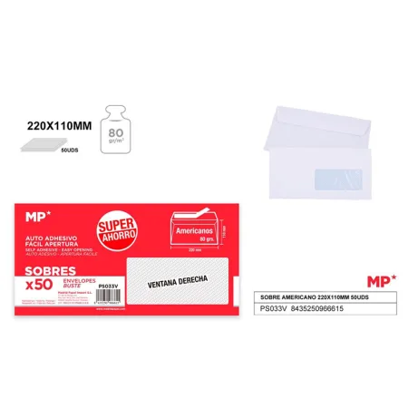 Pack de 50 unidades de Sobre Americano Blanco con Ventana 220x110mm