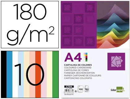 CARTULINA SURTIDO 10 COLORES A4 180g/m2 LIDERPAPEL(100 unidades)