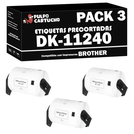 Pack 3 Rollos de Etiquetas DK-11240 Compatible con Brother DK11240 - Etiquetas Genéricas Precortadas - Color: Blanco - Etiquetas Precortadas