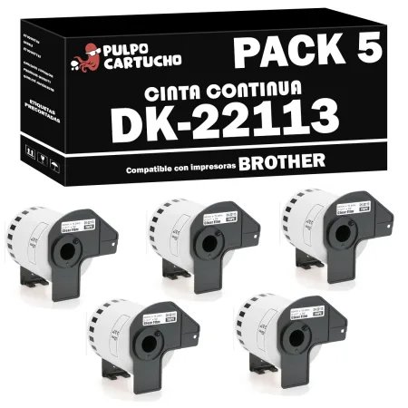 Pack 5 packs de etiquetas compatibles Brother DK-22113 Cinta Continua Transparente Papel Térmico