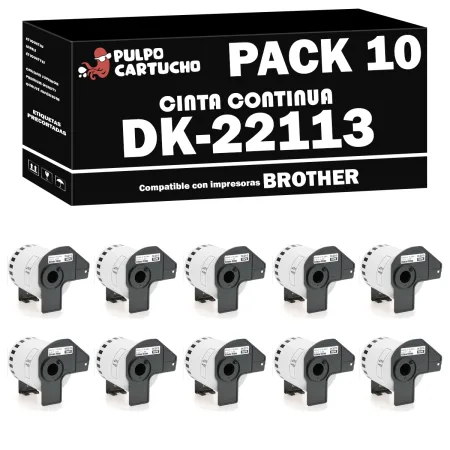 Pack 10 packs de etiquetas compatibles Brother DK-22113 Cinta Continua Transparente Papel Térmico
