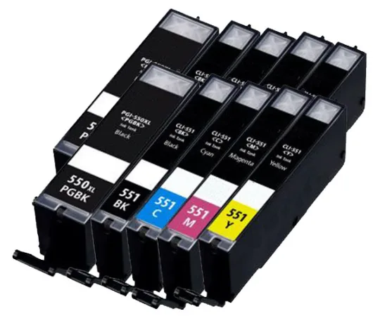 Pack 10 cartuchos de tinta compatibles Canon CLI 551 XL/PGI 550 XL amarillo, magenta, negro y cian