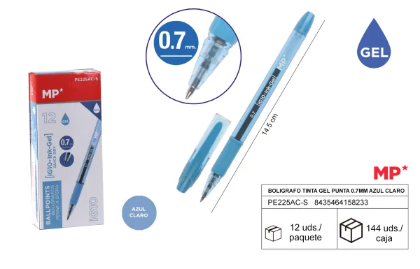 Boligrafo tinta gel punta 0.7mm azul claro MP